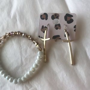 Cross Earrings and Stretch Bracelet
